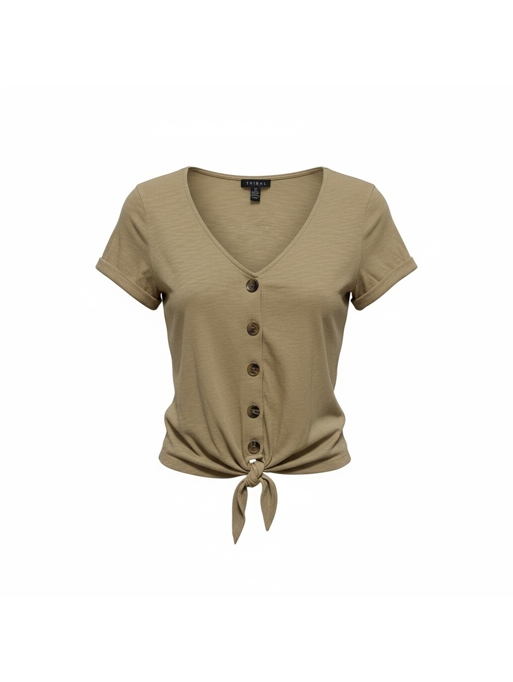 Tribal Women's Beige Button-Up Tie Front Short Sleeve Top Size Small